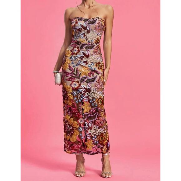Strapless Floral Sequin Maxi Dress Size 6 Small Evening Gown Embroidered Vibrant - Picture 1 of 16